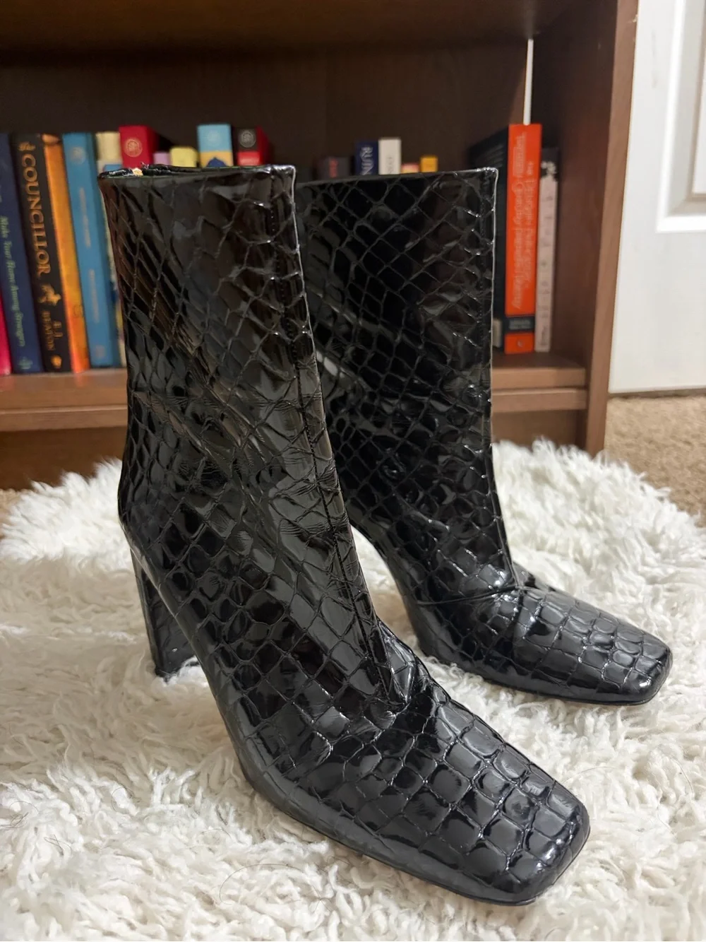 Black Croc-Embossed Square-Toe Ankle Boots